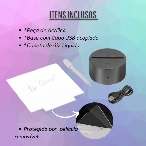Luminária Lousa Mágica LED 7 Cores 3D Efeito de Luzes Vibrantes Para Decoração Coloridas Para Escrever 14x18cm - Base Preto - Imagem 4