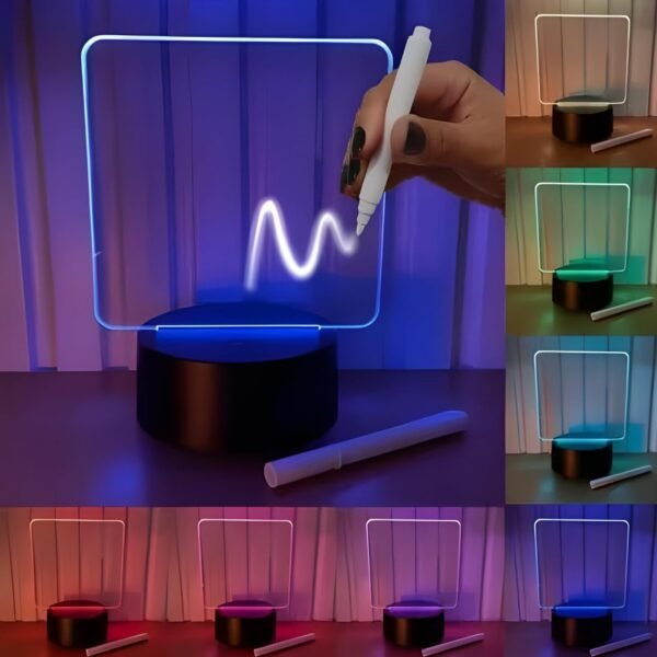 Luminária Lousa Mágica LED 7 Cores 3D Efeito de Luzes Vibrantes Para Decoração Coloridas Para Escrever 14x18cm - Base Preto - Imagem 5