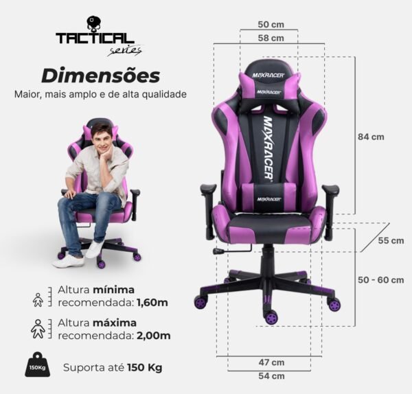 MAX RACER - Cadeira Gamer Skilled - Cadeira Ergonômica para Jogos, Poltronas Gamer de Aço - Braços 1D, Até 150kg, Tecido Sintético PVC, Inclinação 180°, Almofada Cervical e Lombar - Roxa - Imagem 3