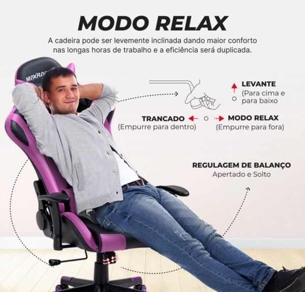MAX RACER - Cadeira Gamer Skilled - Cadeira Ergonômica para Jogos, Poltronas Gamer de Aço - Braços 1D, Até 150kg, Tecido Sintético PVC, Inclinação 180°, Almofada Cervical e Lombar - Roxa - Imagem 4