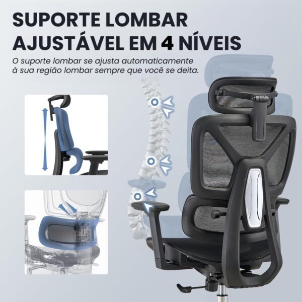 Cadeira de Escritório Ajustável com Suporte Lombar Elástico, Reclinagem 135°, Tecido Respirável, Elevação a Gás Classe 4 SGS - Imagem 5