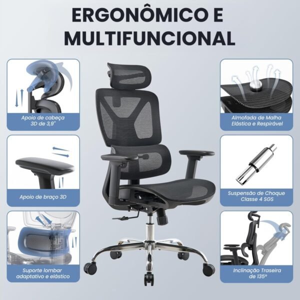 Cadeira de Escritório Ajustável com Suporte Lombar Elástico, Reclinagem 135°, Tecido Respirável, Elevação a Gás Classe 4 SGS - Imagem 7