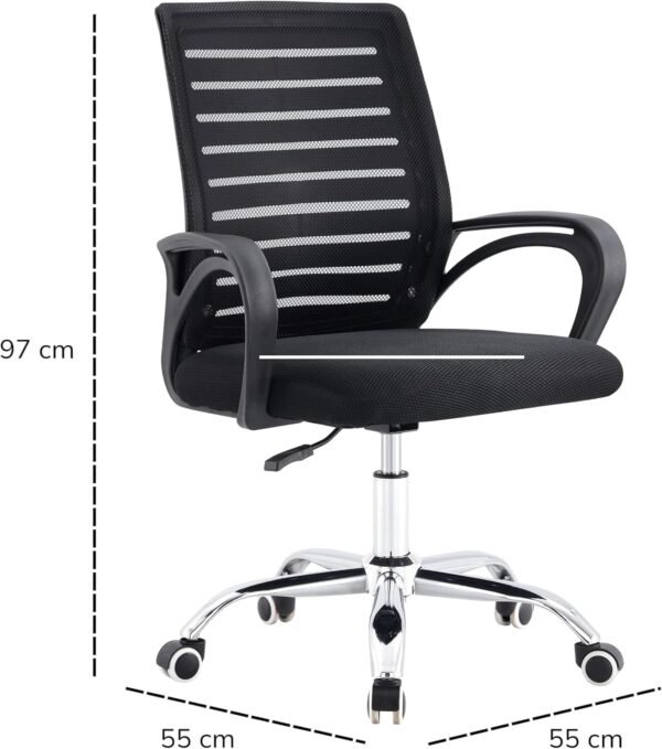 Cadeira De Escritório Giratória Home Office Encosto com Design Listrado em Malha Respirável Preta com Base Cromada e Cinco Rodinhas - Imagem 3