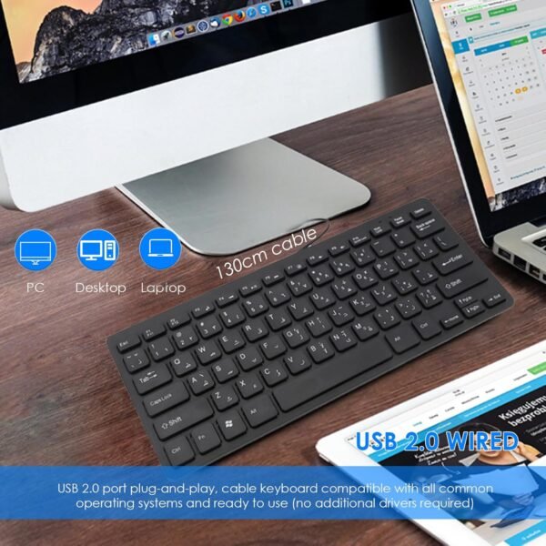 Teclado russo, teclado compacto ultrafino com fio USB de 78 teclas, para PC, computador, desktop, layout QWERTY (russo) - Imagem 3