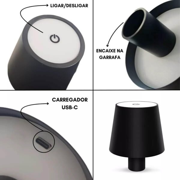 Luminaria Abajur Garrafa Led Recarregavel Mesa Usb Touch 3 Tons Ajustaveis Iluminaçao Decoraçao Sala Quarto Mesinha Escrivaninha - Imagem 3