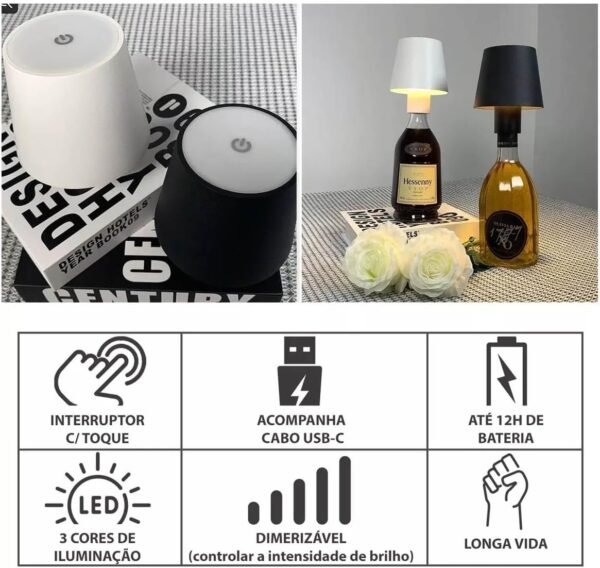 Luminaria Abajur Garrafa Led Recarregavel Mesa Usb Touch 3 Tons Ajustaveis Iluminaçao Decoraçao Sala Quarto Mesinha Escrivaninha - Imagem 5