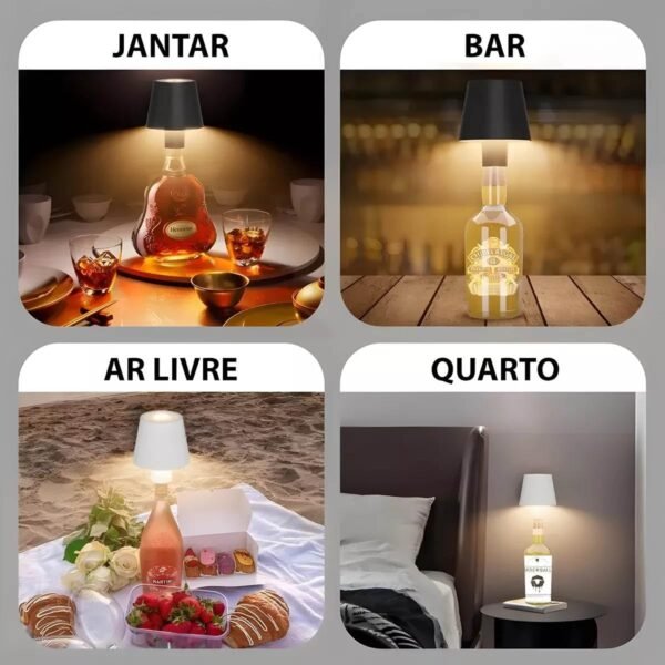 Luminaria Abajur Garrafa Led Recarregavel Mesa Usb Touch 3 Tons Ajustaveis Iluminaçao Decoraçao Sala Quarto Mesinha Escrivaninha - Imagem 6