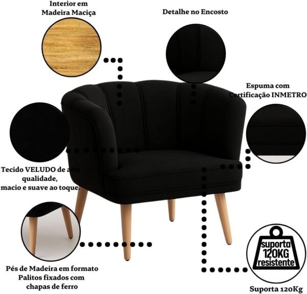 Poltrona Cadeira Decorativa para Sala de Espera Recepção Resistente Ergônomica MOBLAN decor (Preto) - Imagem 4