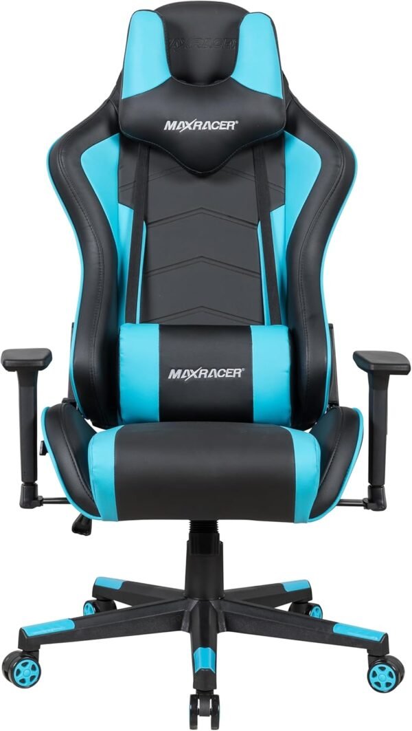 MAX RACER - Cadeira Gamer Tactical - Cadeira Ergonômica para Jogos, Poltronas Gamer de Aço - Braços 3D, Tecido Sintético P.U, Até150kg, Inclinação 180°, Almofada Cervical e Lombar - Azul