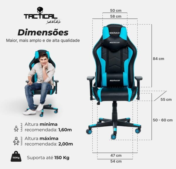 MAX RACER - Cadeira Gamer Tactical - Cadeira Ergonômica para Jogos, Poltronas Gamer de Aço - Braços 3D, Tecido Sintético P.U, Até150kg, Inclinação 180°, Almofada Cervical e Lombar - Azul - Imagem 3