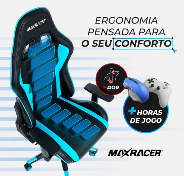 MAX RACER - Cadeira Gamer Tactical - Cadeira Ergonômica para Jogos, Poltronas Gamer de Aço - Braços 3D, Tecido Sintético P.U, Até150kg, Inclinação 180°, Almofada Cervical e Lombar - Azul - Imagem 6
