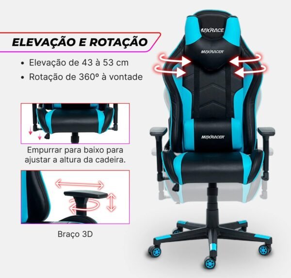 MAX RACER - Cadeira Gamer Tactical - Cadeira Ergonômica para Jogos, Poltronas Gamer de Aço - Braços 3D, Tecido Sintético P.U, Até150kg, Inclinação 180°, Almofada Cervical e Lombar - Azul - Imagem 7