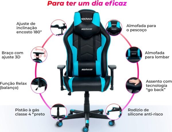MAX RACER - Cadeira Gamer Tactical - Cadeira Ergonômica para Jogos, Poltronas Gamer de Aço - Braços 3D, Tecido Sintético P.U, Até150kg, Inclinação 180°, Almofada Cervical e Lombar - Azul - Imagem 8