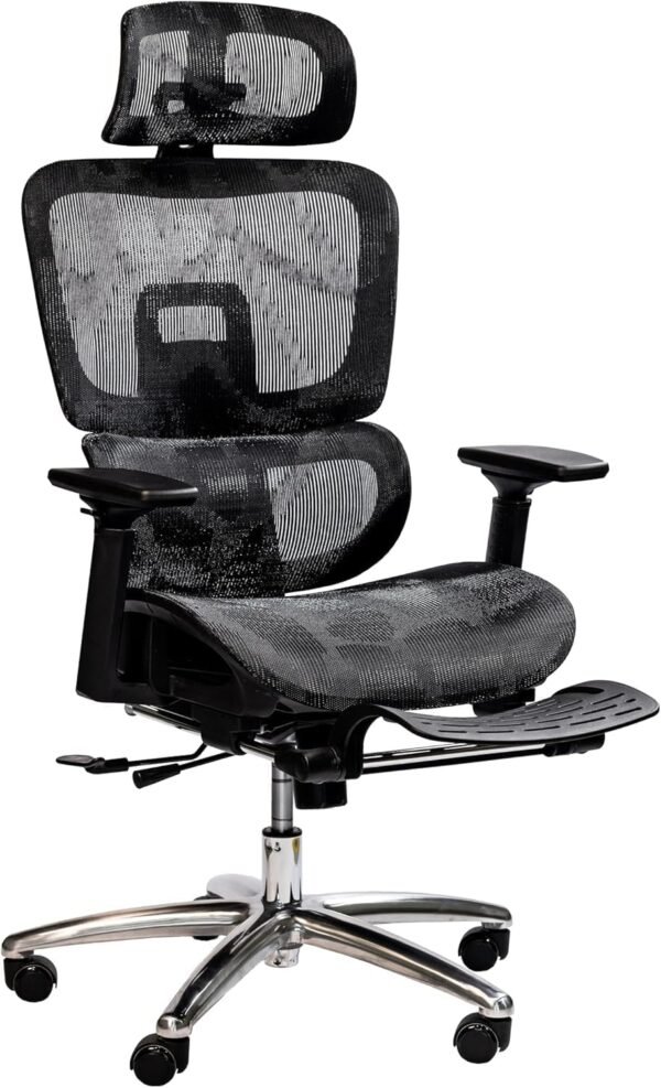 Cadeira de Escritório Ergonômica com Estofado de Mesh, Regulagem de Altura, Apoio Lombar Ajustável, Base Giratória em Aço Cromado, Braços Acolchoados (Preto) - Imagem 3