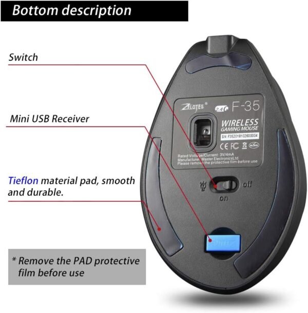 zelotes Mouse sem fio recarregável para laptop, mouse ergonômico vertical de 2400 DPI para PC, Mac - Imagem 3