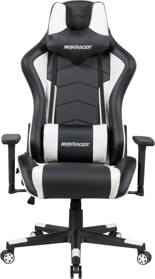 MAX RACER - Cadeira Gamer Tactical - Cadeira Ergonômica para Jogos, Poltronas Gamer de Aço - Braços 3D, Inclinação 180°, Até150kg, Tecido Sintético P.U, Almofada Cervical e Lombar - Branca