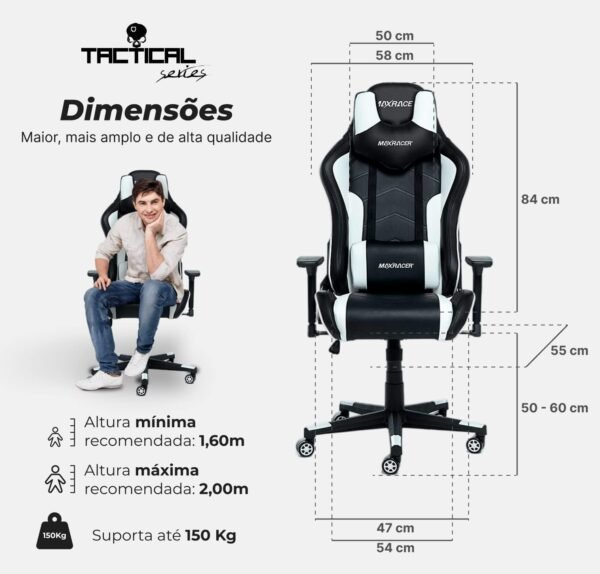 MAX RACER - Cadeira Gamer Tactical - Cadeira Ergonômica para Jogos, Poltronas Gamer de Aço - Braços 3D, Inclinação 180°, Até150kg, Tecido Sintético P.U, Almofada Cervical e Lombar - Branca - Imagem 3