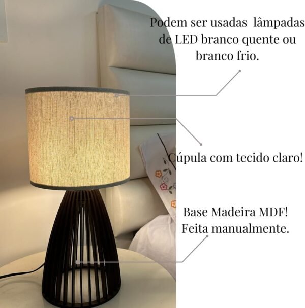 Abajur Luminária Mesa Sile 41 Cm Decorativo Fiação Bivolt 110/220V Com Cúpula Estrutura Madeira MDF Cor Imbuia - Imagem 3