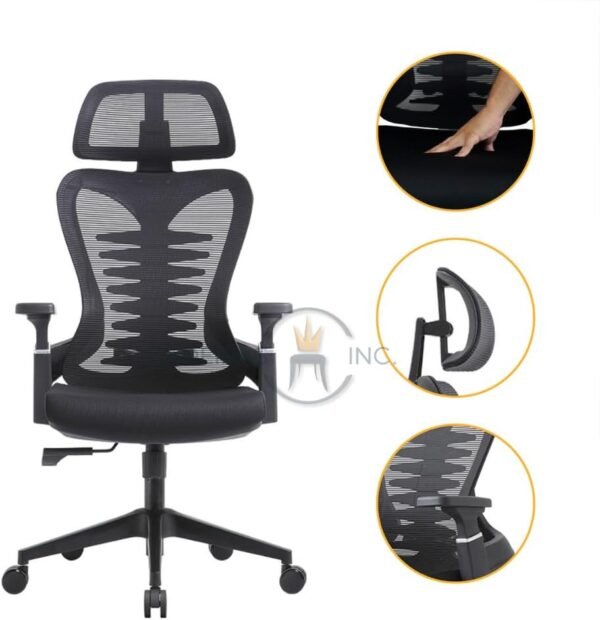 Cadeira de Escritório Presidente Bio Ergonômica Altura e Braços Ajustáveis, Suporte Lombar e Cabeça, Sistema Relax (Preto) - Imagem 3