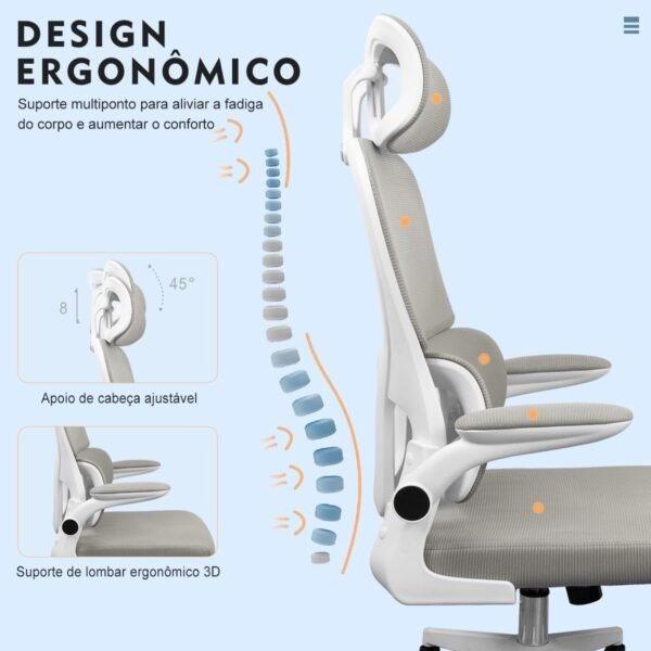 Cadeira de escritório, design ergonômico com suporte lombar independente, cabeça ajustável (Cinza) - Imagem 4