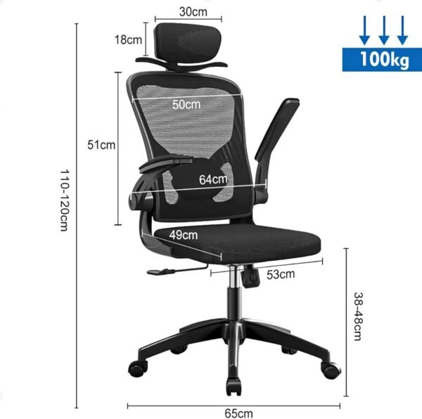 Cadeira Presidente Ergonômica com Cabide Integrado, Apoio de Cabeça e Braços Ajustáveis, Reclinável com Trava de Inclinação, Tela Mesh Respirável, Base Giratória 360° – Preta - Imagem 3