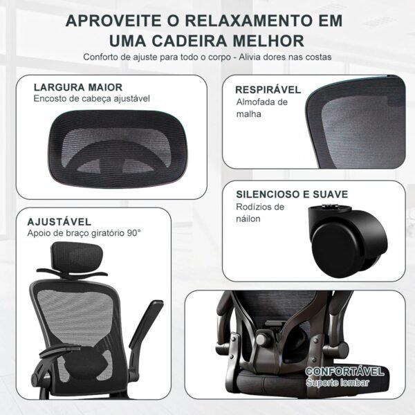 Cadeira Presidente Ergonômica com Cabide Integrado, Apoio de Cabeça e Braços Ajustáveis, Reclinável com Trava de Inclinação, Tela Mesh Respirável, Base Giratória 360° – Preta - Imagem 5