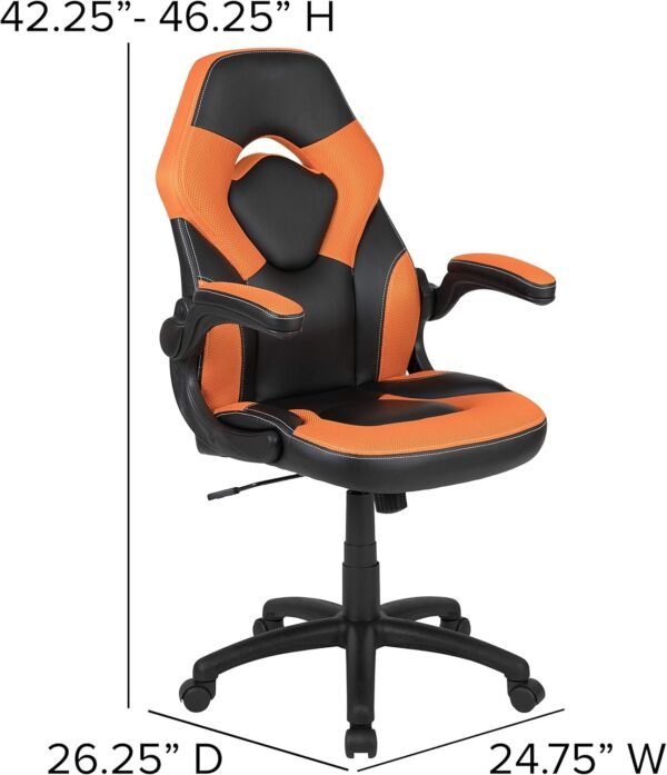 Flash Furniture Cadeira para jogos X10 de couro macio de couro macio com braços dobráveis, cadeira giratória ergonômica acolchoada para computador, laranja/preta - Imagem 3