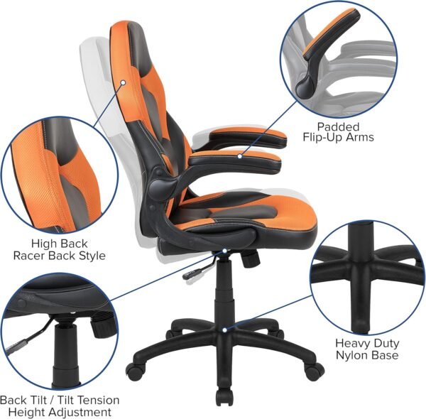 Flash Furniture Cadeira para jogos X10 de couro macio de couro macio com braços dobráveis, cadeira giratória ergonômica acolchoada para computador, laranja/preta - Imagem 4