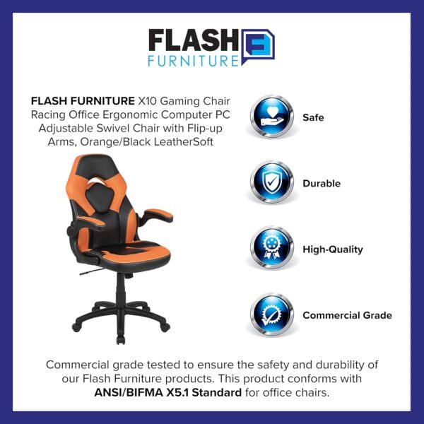 Flash Furniture Cadeira para jogos X10 de couro macio de couro macio com braços dobráveis, cadeira giratória ergonômica acolchoada para computador, laranja/preta - Imagem 13