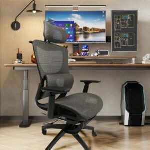 Cadeira de escritório, design ergonômico com suporte lombar independente, malha respirável mesh, encosto de cabeça ajustável, apoio de pés 150kg BlidShop Preta