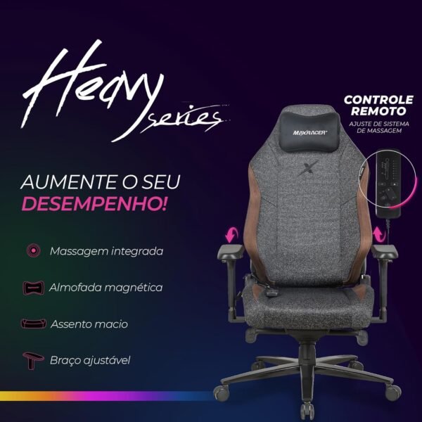 MAX RACER - Cadeira Gamer Massageadora Heavy-SMI - Poltronas Gamer de Aço, Cadeira Ergonômica - 8 Pontos de Massagem, Braços 4D, Suporta 150kg, Tecido Poliéster, Inclinação 135° - Preto Mesclado - Imagem 3