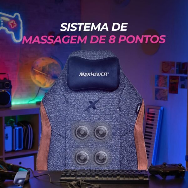 MAX RACER - Cadeira Gamer Massageadora Heavy-SMI - Poltronas Gamer de Aço, Cadeira Ergonômica - 8 Pontos de Massagem, Braços 4D, Suporta 150kg, Tecido Poliéster, Inclinação 135° - Preto Mesclado - Imagem 5