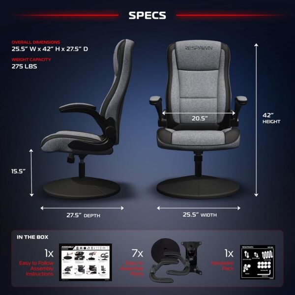 RESPAWN Cadeira para jogos 800 – Balancim giratório com encosto alto, design ergonômico de piso para crianças e adultos, poltrona reclinável com apoios de braços – tecido cinza - Imagem 3