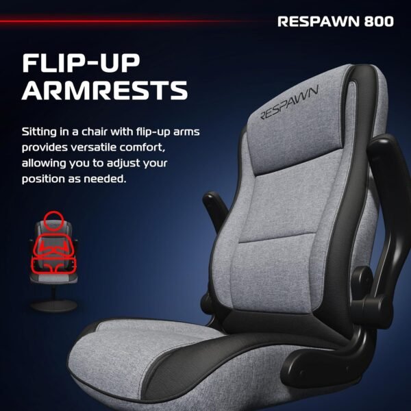 RESPAWN Cadeira para jogos 800 – Balancim giratório com encosto alto, design ergonômico de piso para crianças e adultos, poltrona reclinável com apoios de braços – tecido cinza - Imagem 9