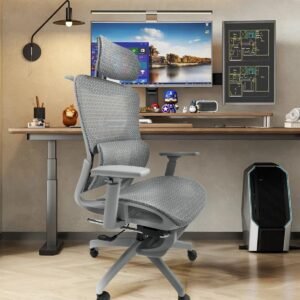Cadeira de escritório, design ergonômico com suporte lombar independente, malha respirável mesh, encosto de cabeça ajustável, apoio de pés 150kg BlidShop Cinza