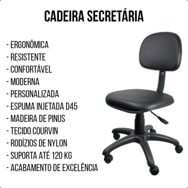 Cadeira Secretária Giratória Ergonômica de Escritório em Courvin com Rodízios Antirrisco, Ajustável, Confortável e Durável, Preto - Escritex - Imagem 5