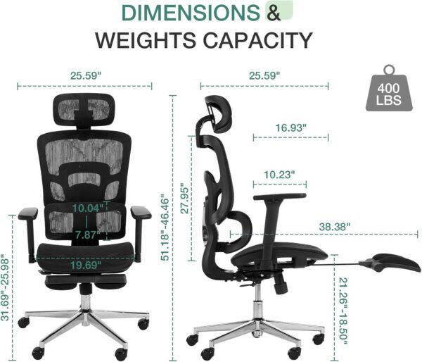 Novilla Cadeira de escritório ergonômica - encosto de cabeça ajustável e suporte lombar, apoio de braço 3D, apoio para os pés retrátil, cadeira de jogos de malha com encosto alto - preta - Imagem 3