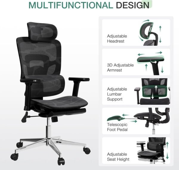 Novilla Cadeira de escritório ergonômica - encosto de cabeça ajustável e suporte lombar, apoio de braço 3D, apoio para os pés retrátil, cadeira de jogos de malha com encosto alto - preta - Imagem 4