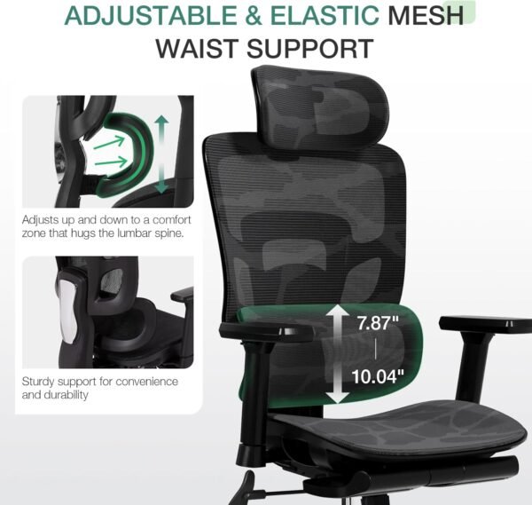 Novilla Cadeira de escritório ergonômica - encosto de cabeça ajustável e suporte lombar, apoio de braço 3D, apoio para os pés retrátil, cadeira de jogos de malha com encosto alto - preta - Imagem 6
