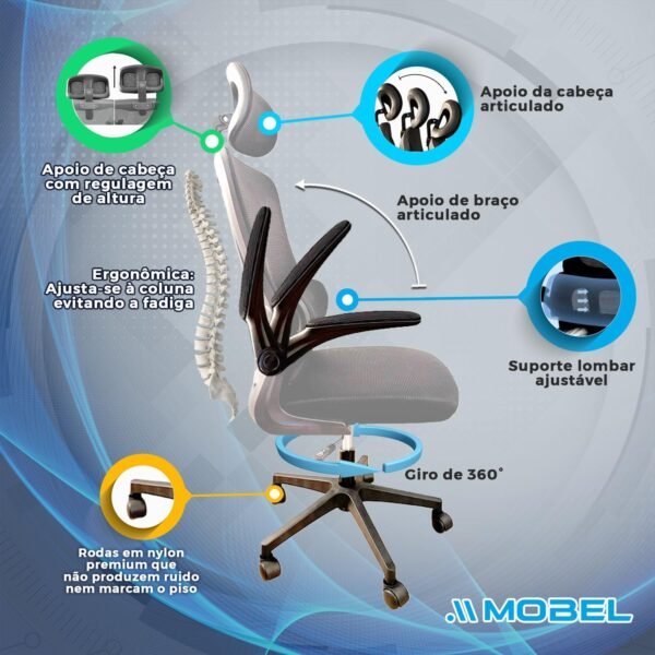 Cadeira de Escritório Ergonômica com Tecido Mesh Premium Preto e Apoio Lombar - Imagem 8