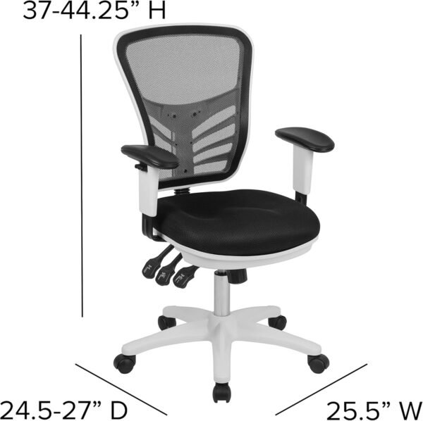 Cadeira de escritório ergonômica executiva giratória multifuncional Flash Furniture Nicholas Mid-Back Black Mesh com braços ajustáveis e moldura branca - Imagem 3