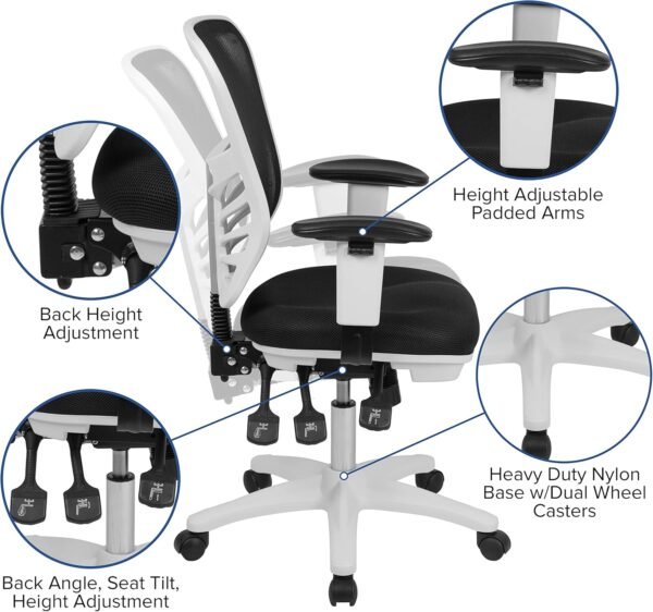 Cadeira de escritório ergonômica executiva giratória multifuncional Flash Furniture Nicholas Mid-Back Black Mesh com braços ajustáveis e moldura branca - Imagem 4