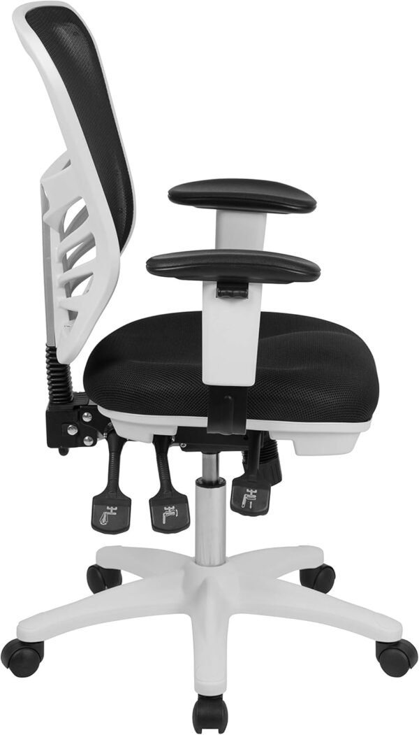 Cadeira de escritório ergonômica executiva giratória multifuncional Flash Furniture Nicholas Mid-Back Black Mesh com braços ajustáveis e moldura branca - Imagem 6