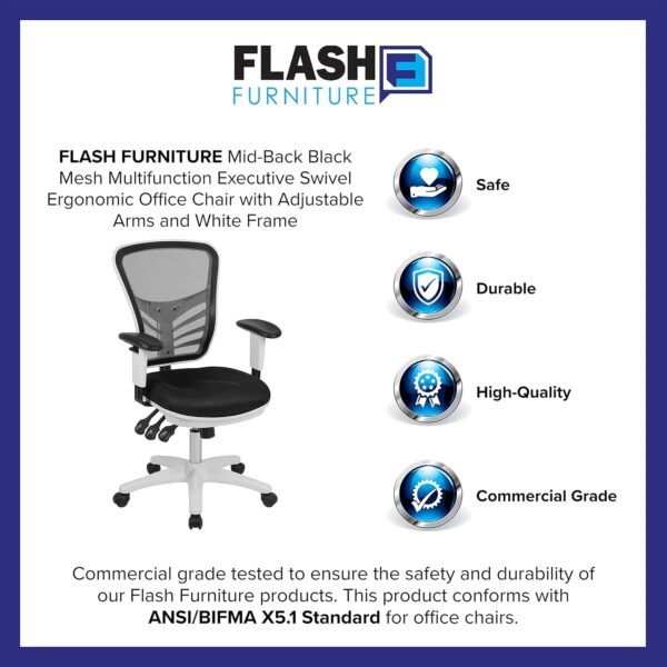 Cadeira de escritório ergonômica executiva giratória multifuncional Flash Furniture Nicholas Mid-Back Black Mesh com braços ajustáveis e moldura branca - Imagem 12