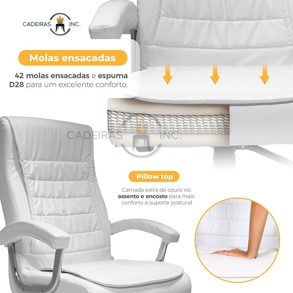 Cadeira De Escritório Presidente Branca Com 42 Molas Ensacadas, Pillow Top no Assento e Encosto, Sistema Relax Com Trava de Posição, Ergonômica Monique Big Executiva Giratória - Imagem 3