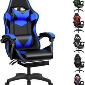 Cadeira Escritório Gamer Ergonômica Reclinável Confortável Com Rodinha E Apoio Para Os Pés(Azul)