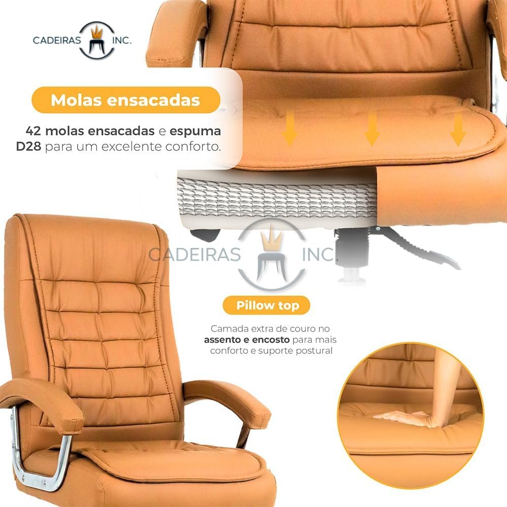 Cadeira De Escritório Presidente Ergonômica Com 42 Molas Ensacadas, Pillow Top no Assento e Encosto, Giratória com Regulagem, Monique Big Caramelo - Imagem 3