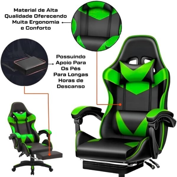 Cadeira Escritório Gamer Ergonômica Reclinável Confortável Com Rodinha E Apoio Para Os Pés(Preto) - Imagem 3