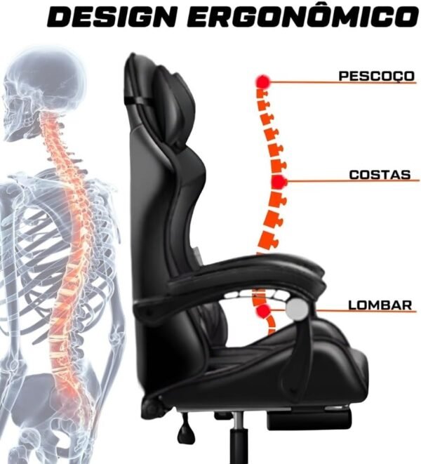 Cadeira Escritório Gamer Ergonômica Reclinável Confortável Com Rodinha E Apoio Para Os Pés(Preto) - Imagem 6