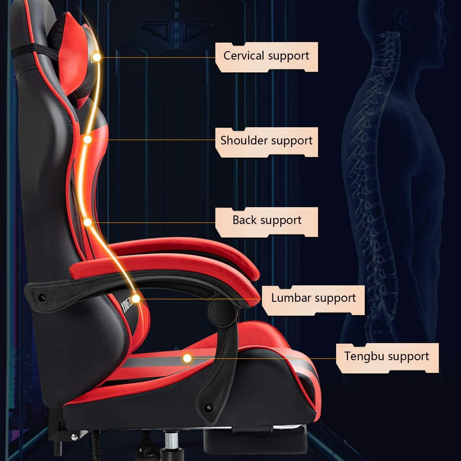 Cadeira gamer com apoio para os pés, cadeira gamer com suporte lombar e encosto de cabeça ajustável cadeira de escritório com assento giratório de 360° vermelho - Imagem 5